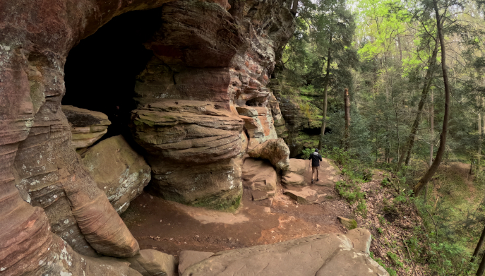 Rock House one-way trail loop system leads from both parking areas.